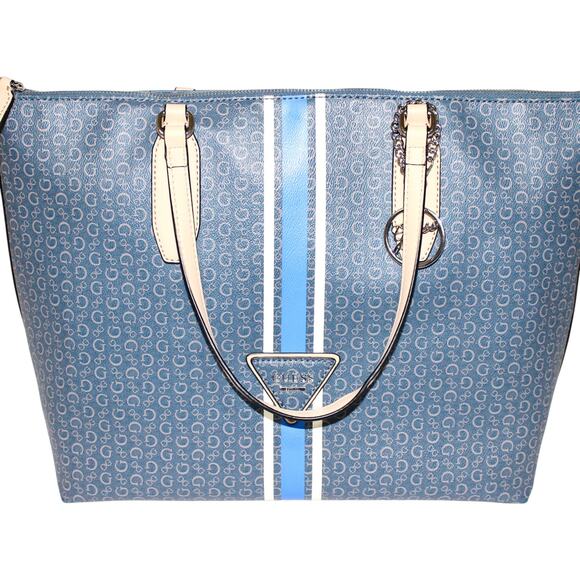 GUESS Logo Print Blue Stripe Large Tote Bag - Picture 9 of 11